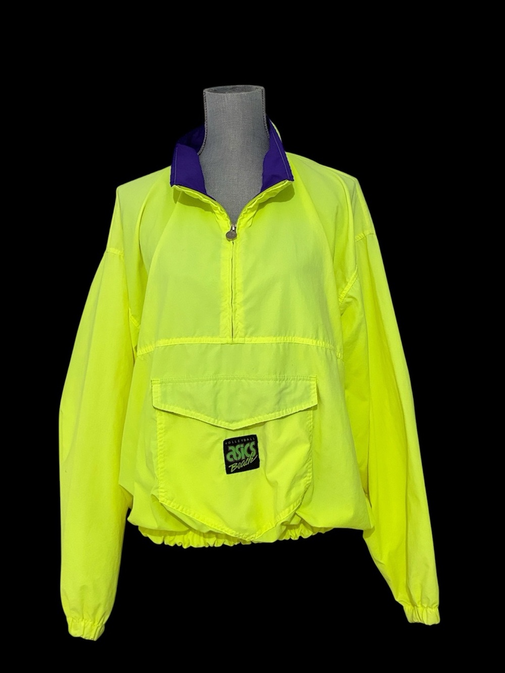 Vintage ASICS Unisex Neon Yellow Pullover Jacket with Purple Collar